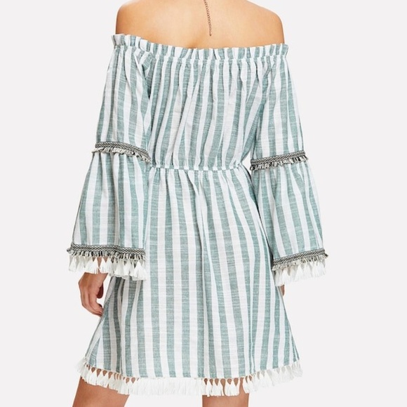 New Cotton Boho Fringe Stripe Dress Green White XS - Picture 2 of 7